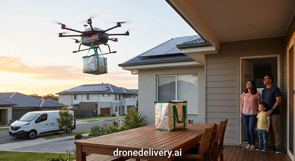 Drone delivering food in a suburban neighborhood