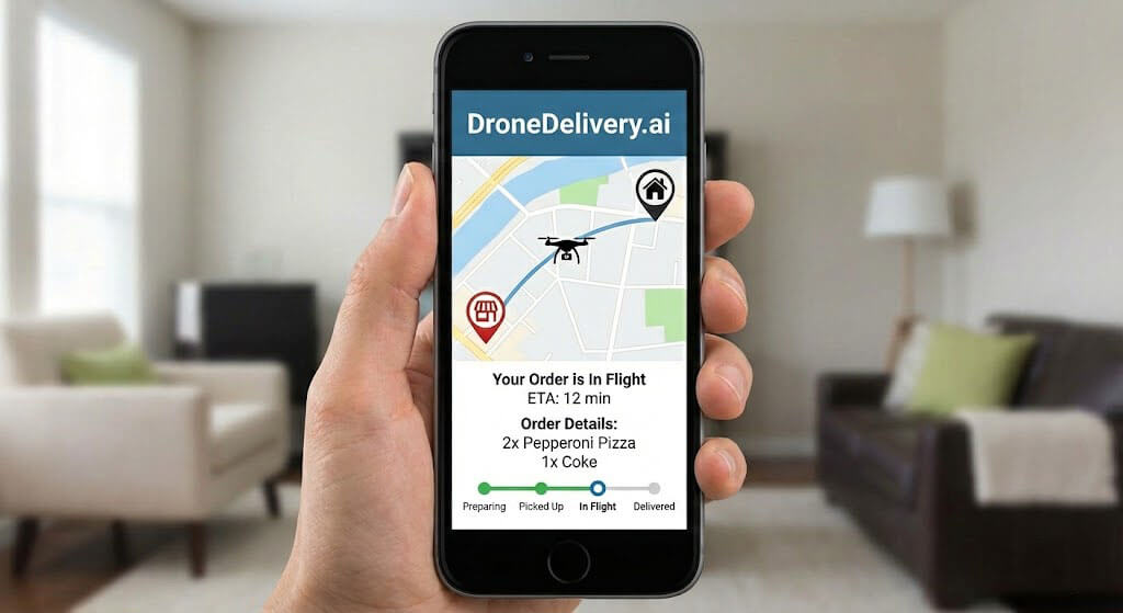 Drone delivering food in a suburban neighborhood