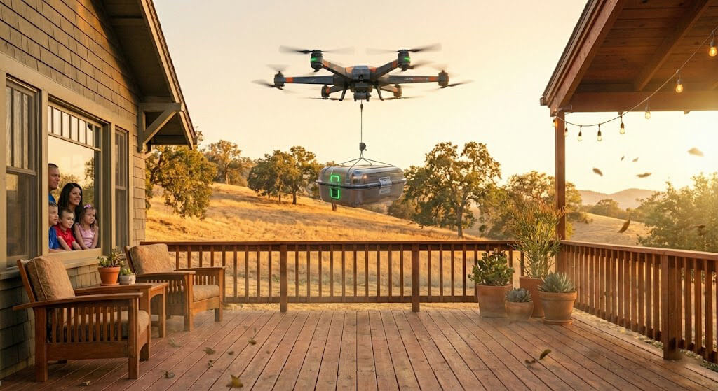 Drone delivering food in a suburban neighborhood