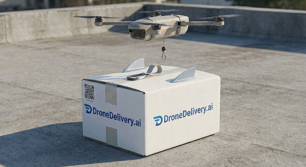 Drone delivering food in a suburban neighborhood