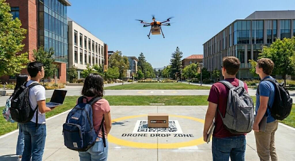 Drone delivering food in a suburban neighborhood