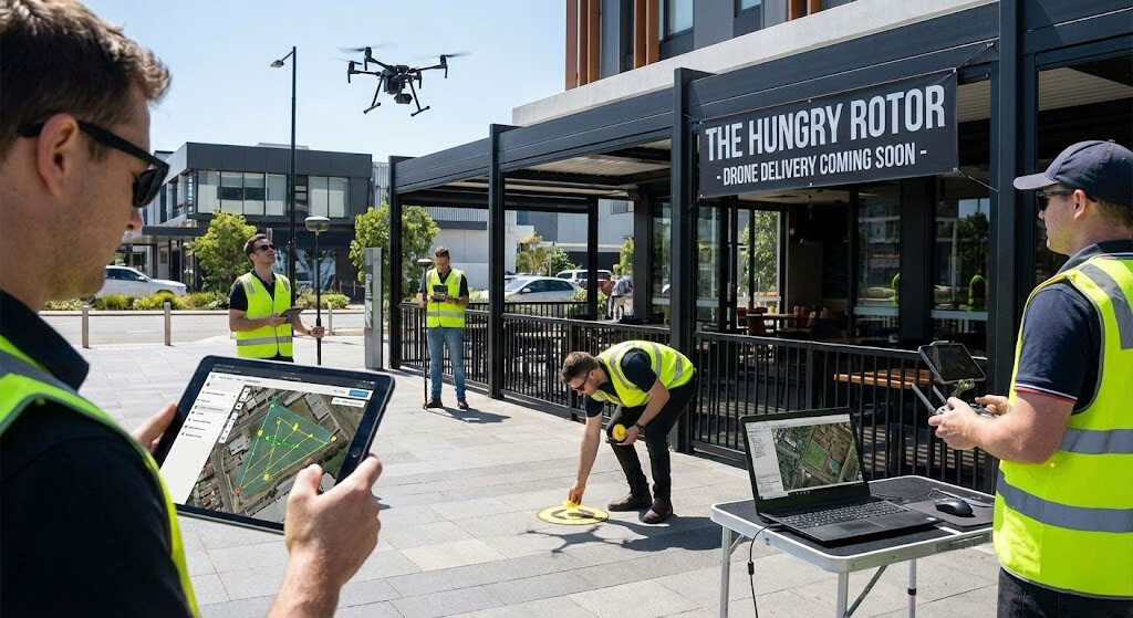 Drone delivering food in a suburban neighborhood